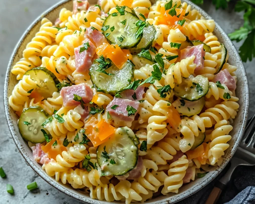 Pasta Salad: Dill Pickle Pasta Salad With Cheddar and Ham in 20 Minutes