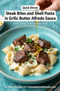 Steak Bites and Shell Pasta in Garlic Butter Alfredo Sauce