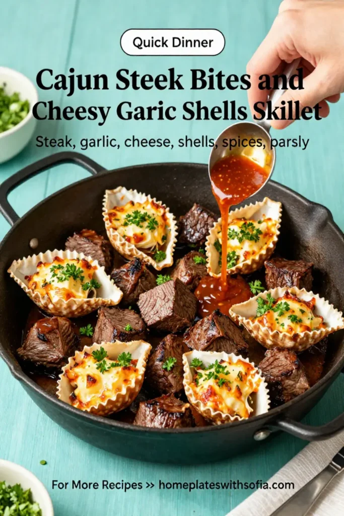 Cajun Steak Bites and Cheesy Garlic Shells Skillet