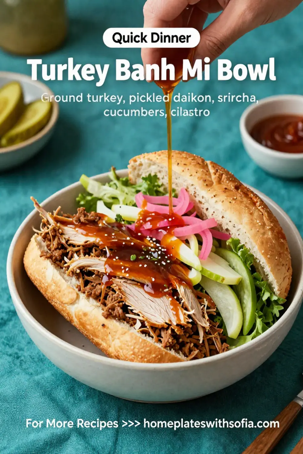 Ground Turkey Recipes: Turkey Banh Mi Bowl With Pickled Daikon and Sriracha in 25 Minutes