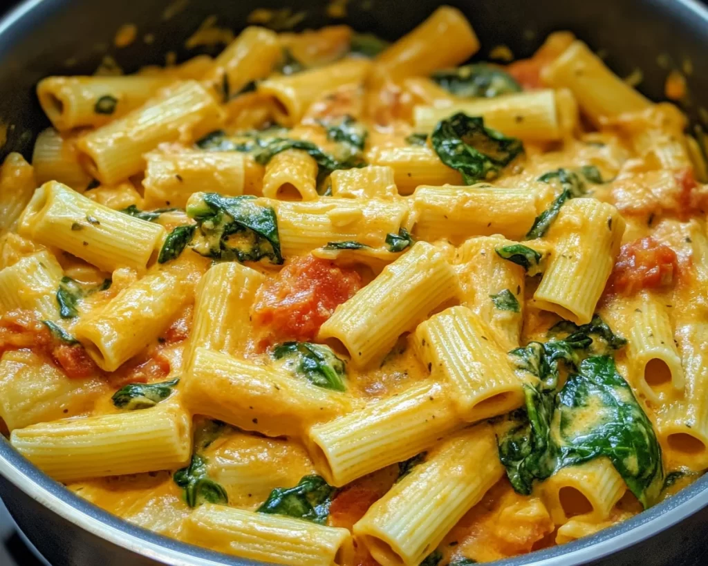 Pasta Recipes: One Pot Creamy Spinach and Tomato Rigatoni in 20 Minutes