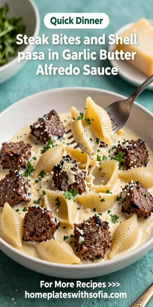 Steak Bites and Shell Pasta in Garlic Butter Alfredo Sauce