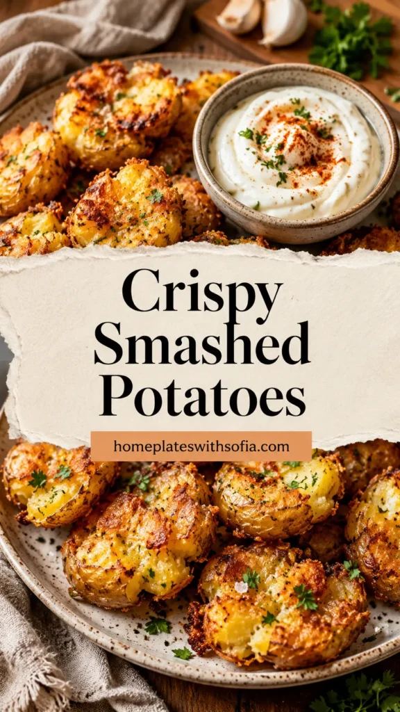 Crispy Smashed Baby Potatoes with Garlic Dip