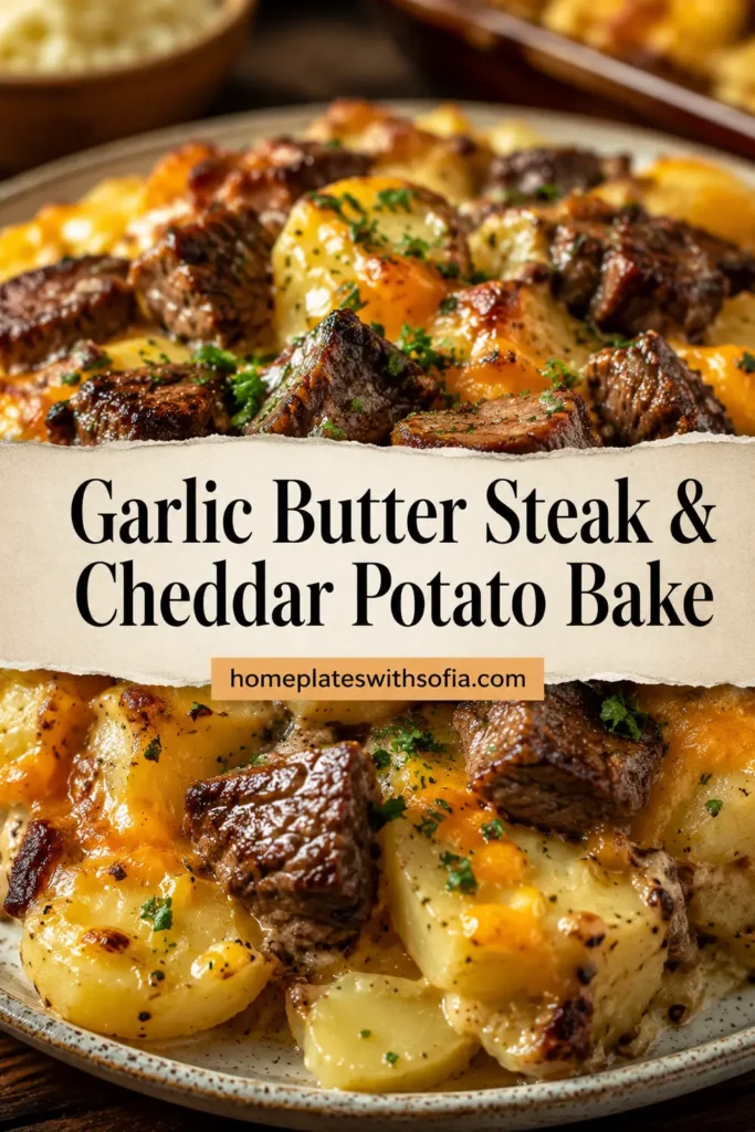 Garlic Butter Steak & Cheddar Potato Bake (Creamy & Delicious)