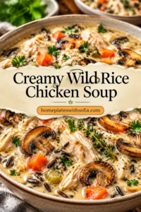 Creamy Wild Rice Chicken Soup with Roasted Mushrooms.