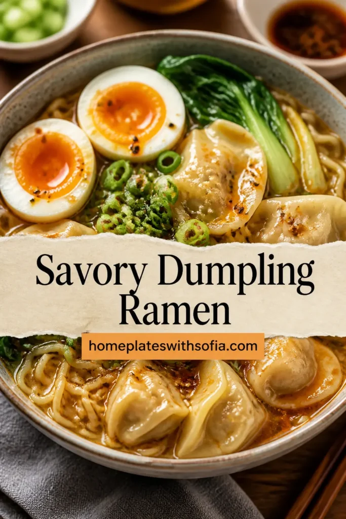 Savory Dumpling Ramen Bowl with Soft-Boiled Eggs and Fresh Greens