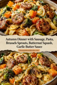 Autumn Dinner with Sausage, Pasta, Brussels Sprouts, Butternut Squash, Garlic Butter Sauce