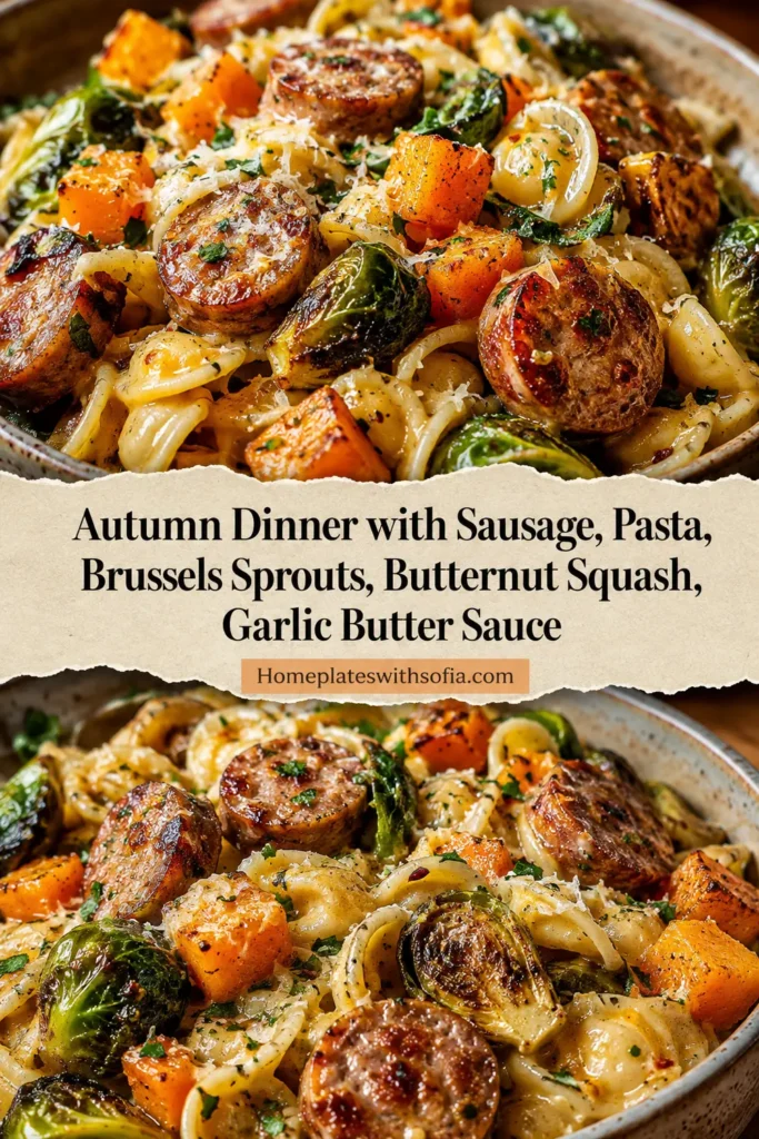 Autumn Dinner with Sausage, Pasta, Brussels Sprouts, Butternut Squash, Garlic Butter Sauce