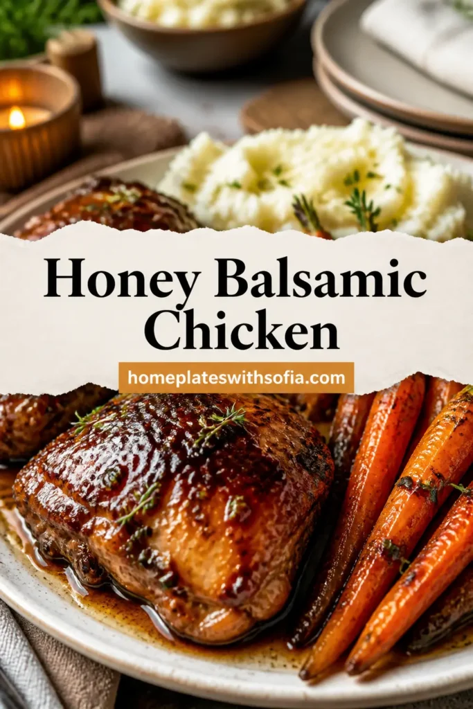 Honey Balsamic Chicken Thighs with Goat Cheese Mashed Potatoes and Roasted Carrots