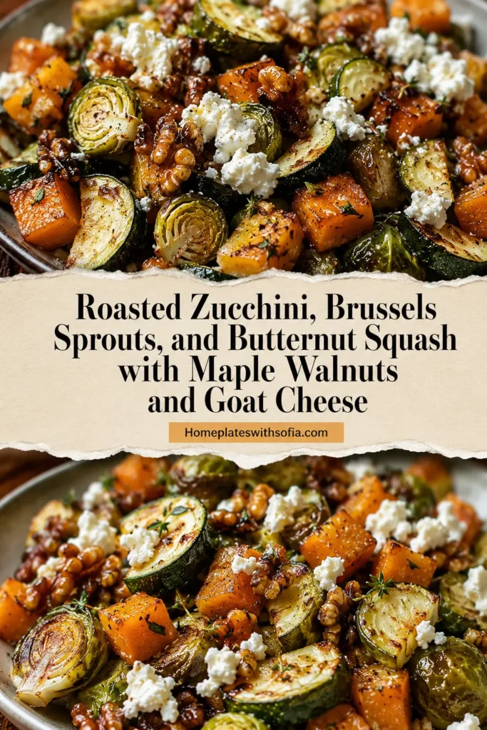 Roasted Zucchini, Brussels Sprouts, and Butternut Squash with Maple Walnuts and Goat Cheese